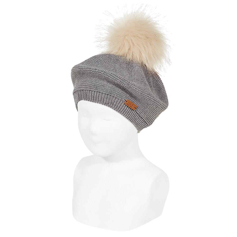 Condor Light Grey Faux Fur Pom Pom Beret - Millie and John