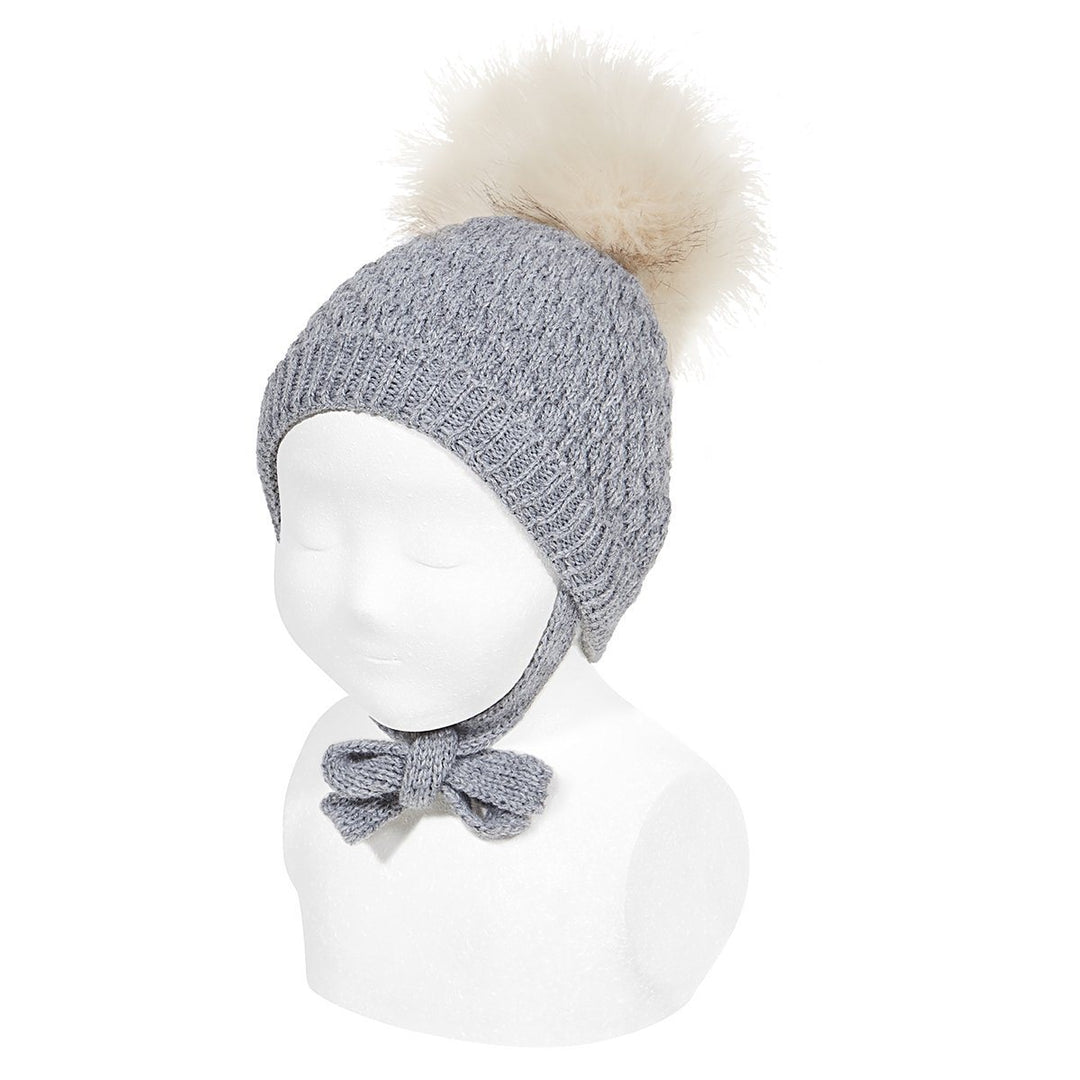 Condor Light Grey Faux Fur Pom Pom Hat with Ties - Millie and John