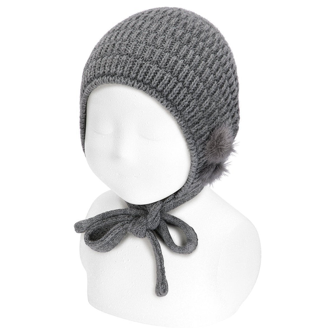 Condor Light Grey Knitted Bonnet with Pom Poms - Millie and John