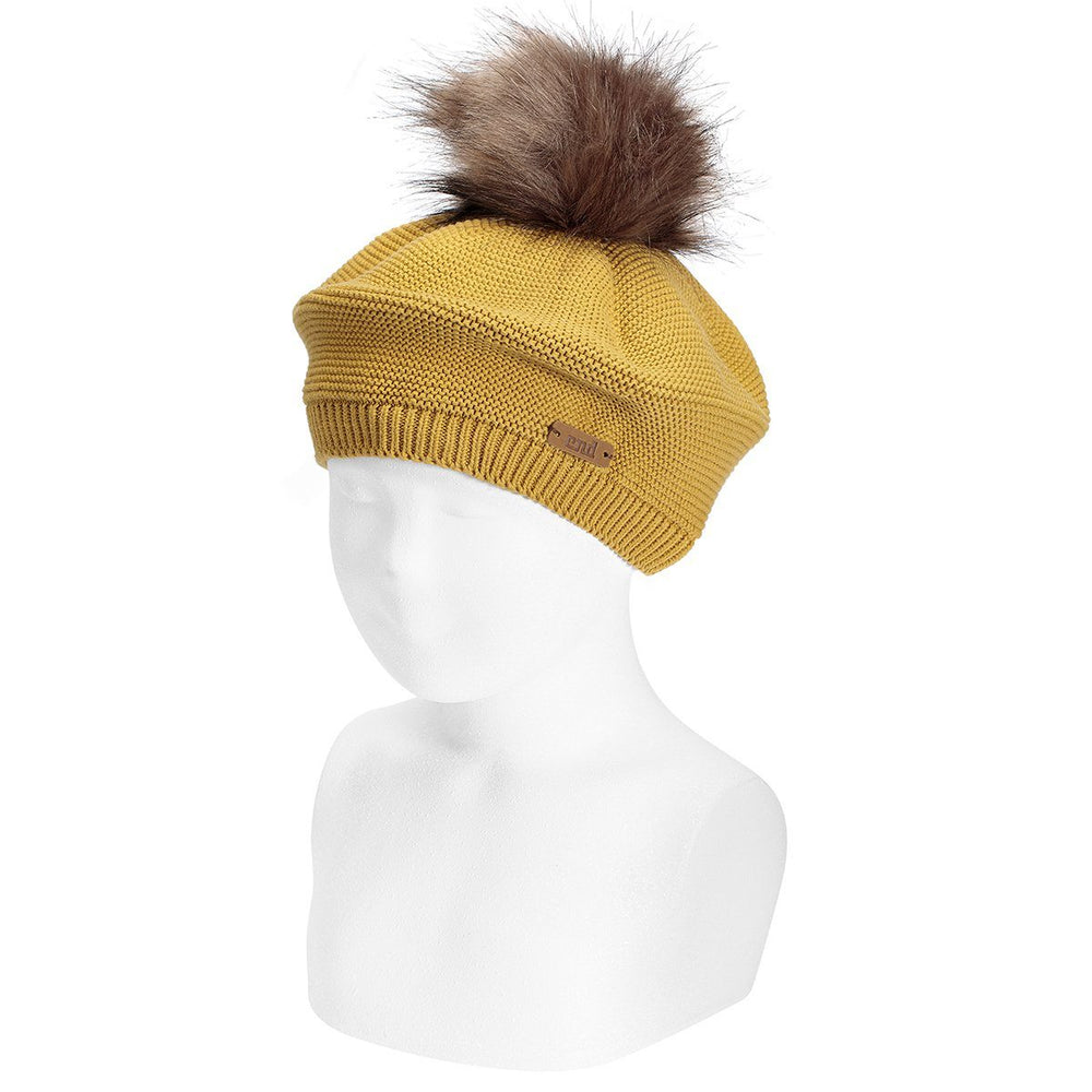 Condor Mustard Faux Fur Pom Pom Beret - Millie and John