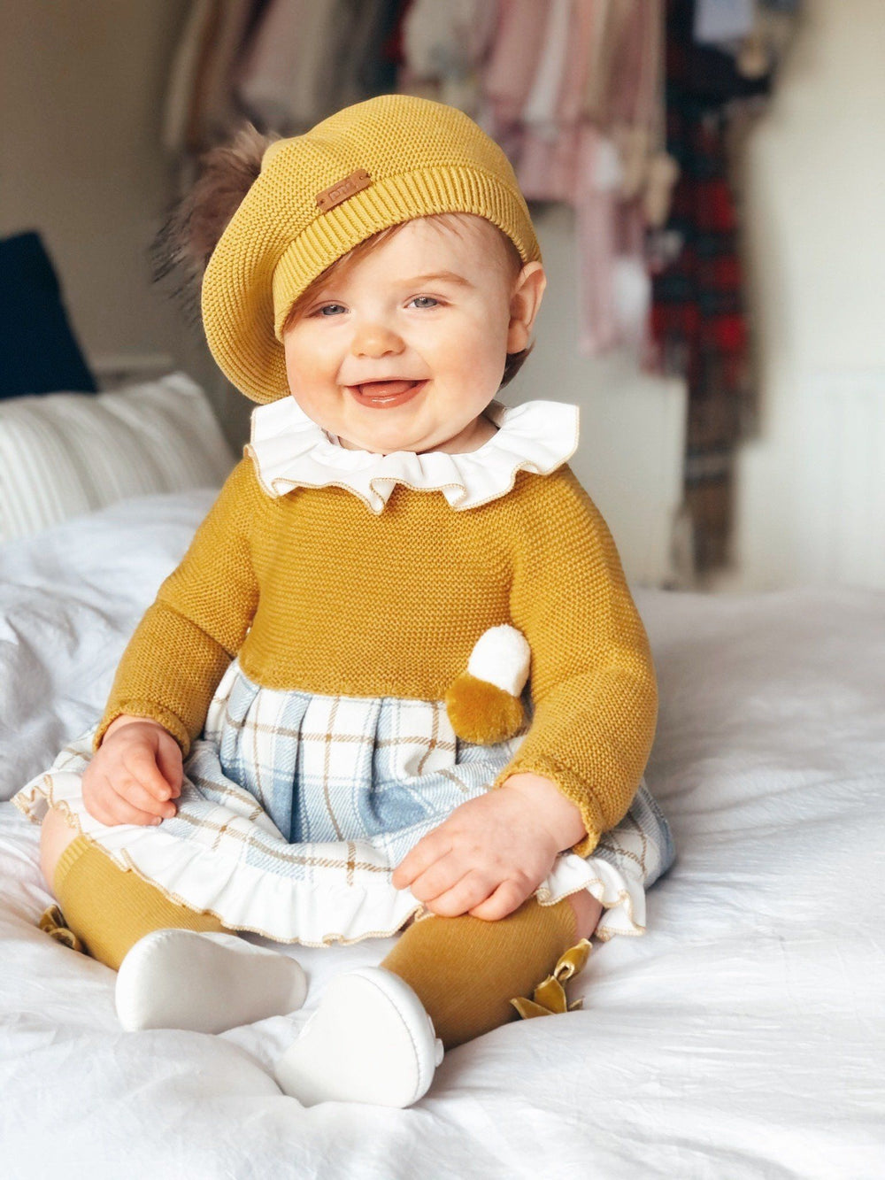 Condor Mustard Faux Fur Pom Pom Beret - Millie and John