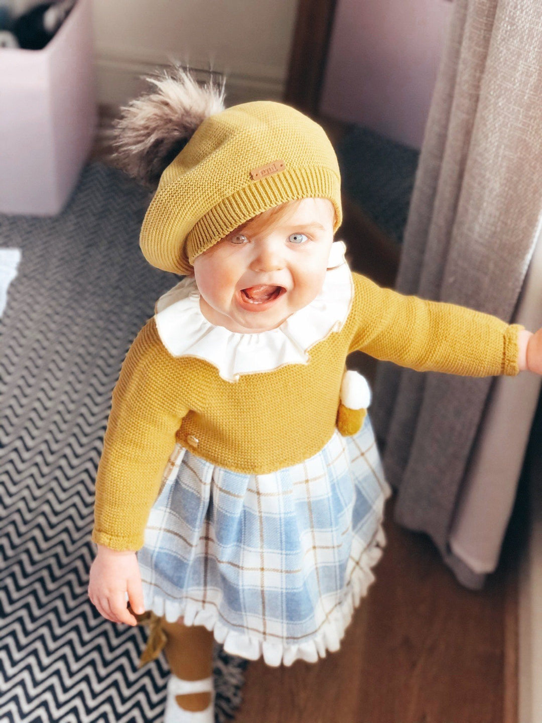 Condor Mustard Faux Fur Pom Pom Beret - Millie and John