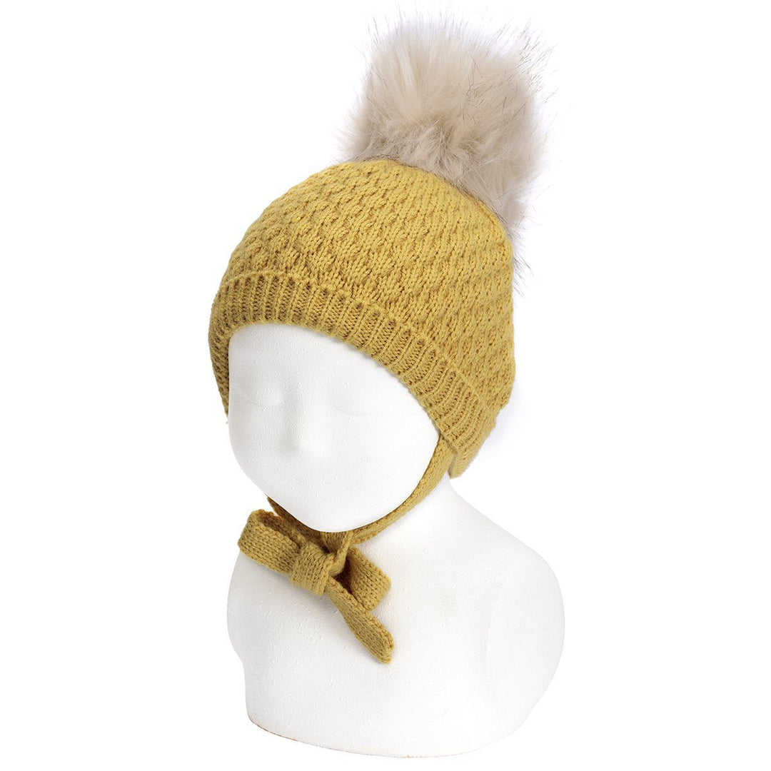 Condor Mustard Faux Fur Pom Pom Hat with Ties - Millie and John