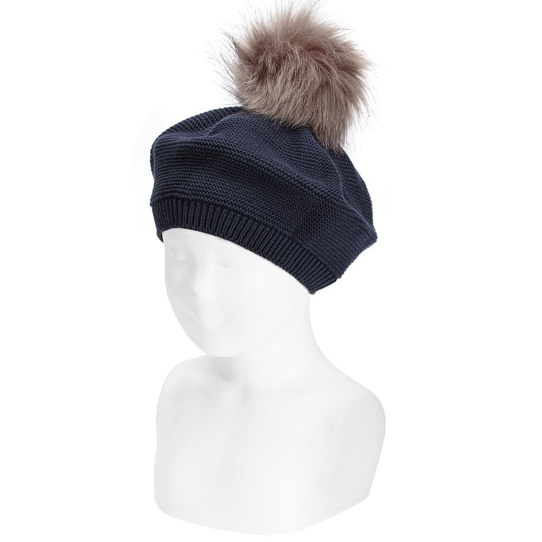 Condor Navy Faux Fur Pom Pom Beret - Millie and John