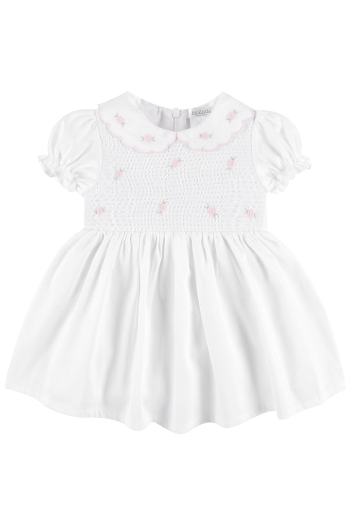 Deolinda "Cassie" White & Pink Smocked Rose Dress - Millie and John