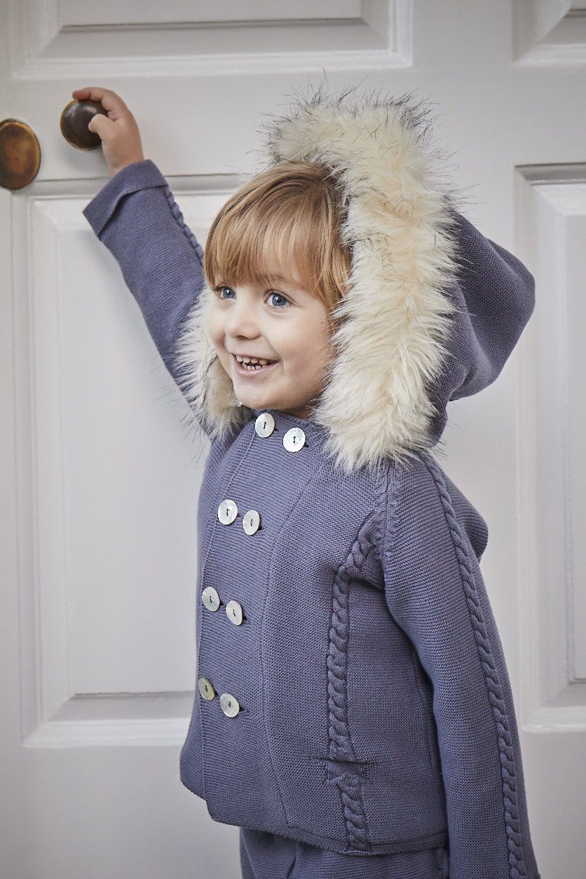 Caramelo Kids Dusky Blue Faux Fur Knitted Jacket & Trousers | Millie and John