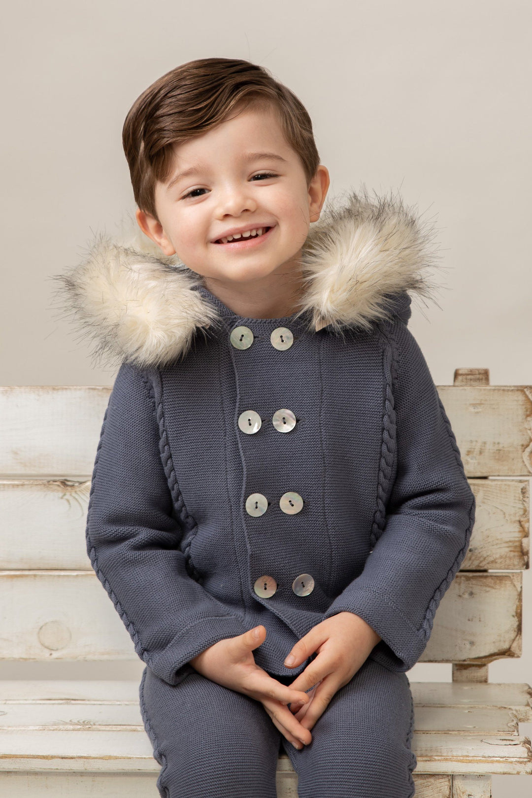 Caramelo Kids Dusky Blue Faux Fur Knitted Jacket & Trousers | Millie and John