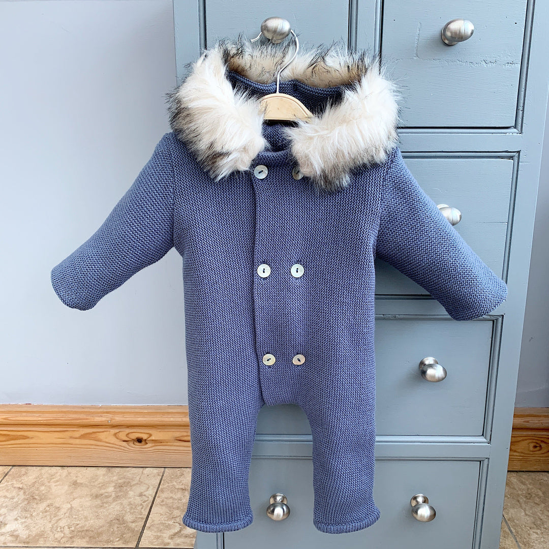 Mebi Dusky Blue Knitted Footless Pramsuit with Faux Fur Trim | Millie and John