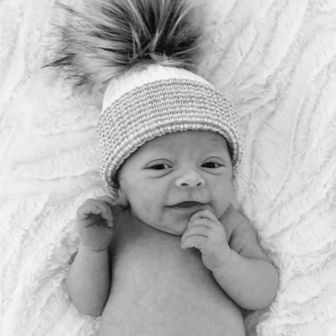 Millie and John First Size Grey & White Faux Fur Pom Pom Hat | Millie and John