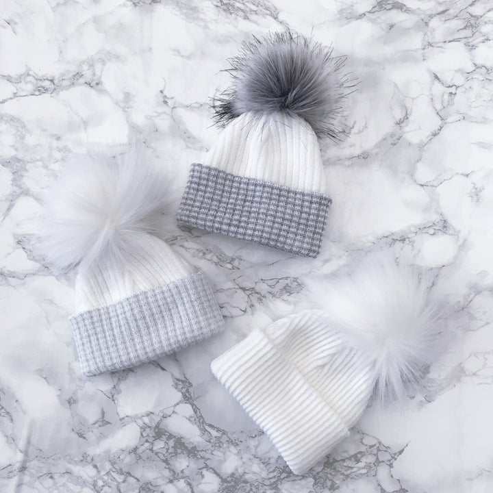 Millie and John First Size Grey & White Faux Fur Pom Pom Hat | Millie and John