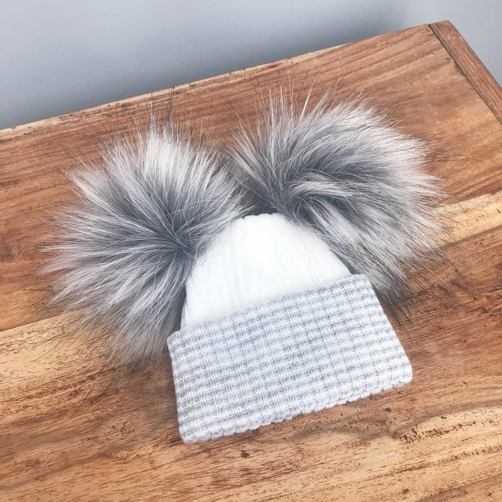 Millie and John First Size White & Grey Double Pom Pom Hat | Millie and John