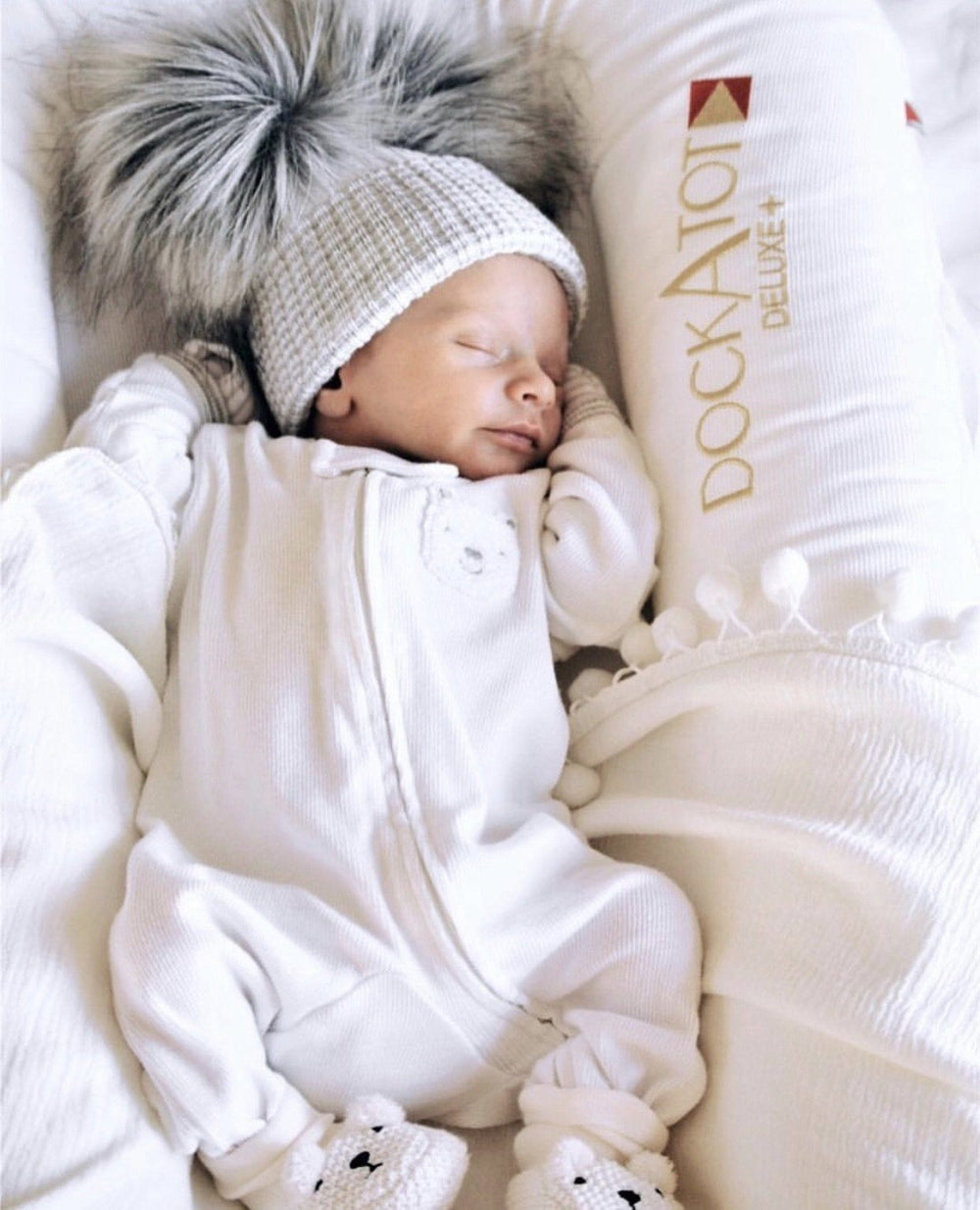 Millie and John First Size White & Grey Double Pom Pom Hat | Millie and John