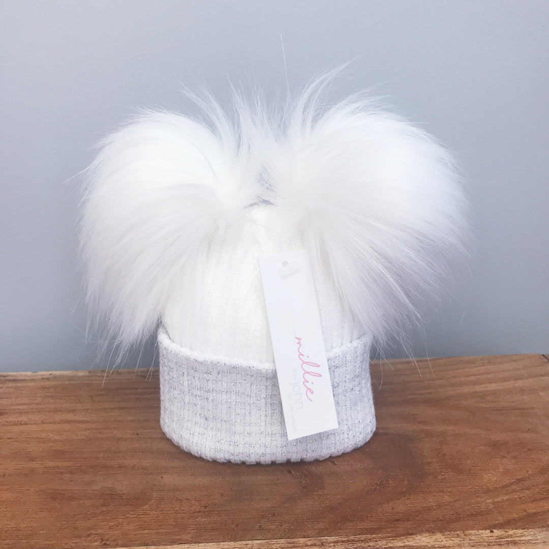 Millie and John First Size White & Silver Double Pom Pom Hat | Millie and John