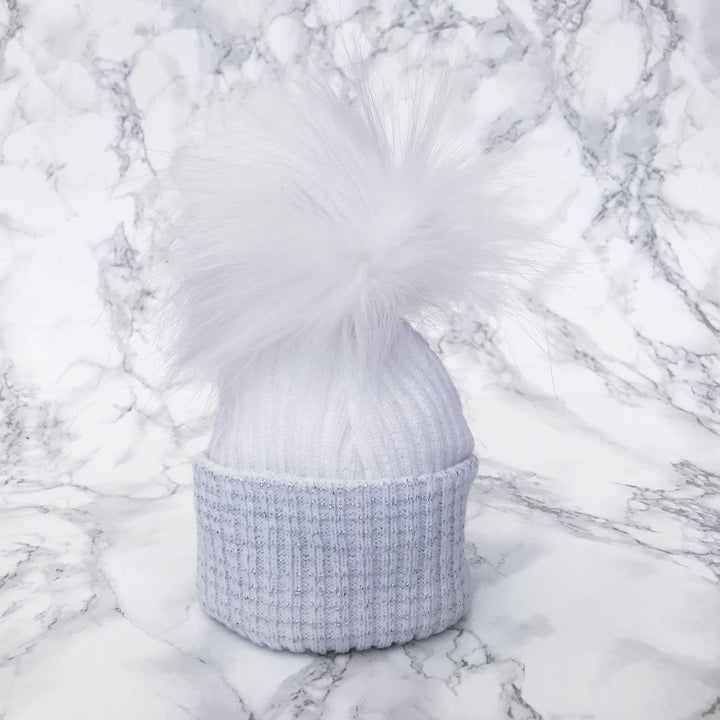 Millie and John First Size White & Silver Faux Fur Pom Pom Hat | Millie and John