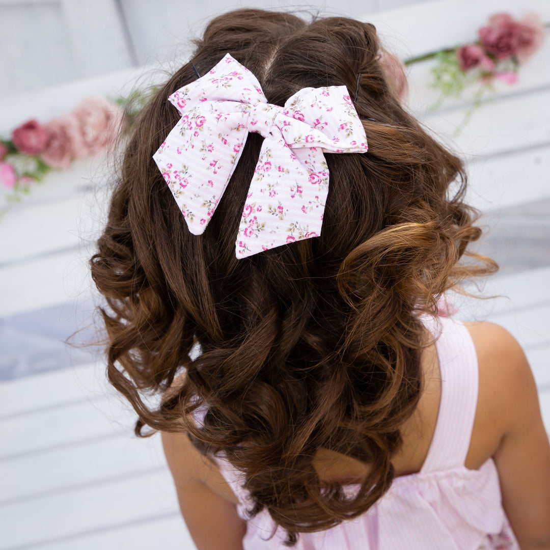 Caramelo Kids Floral Candy Stripe Hair Bow - Pink | Millie and John
