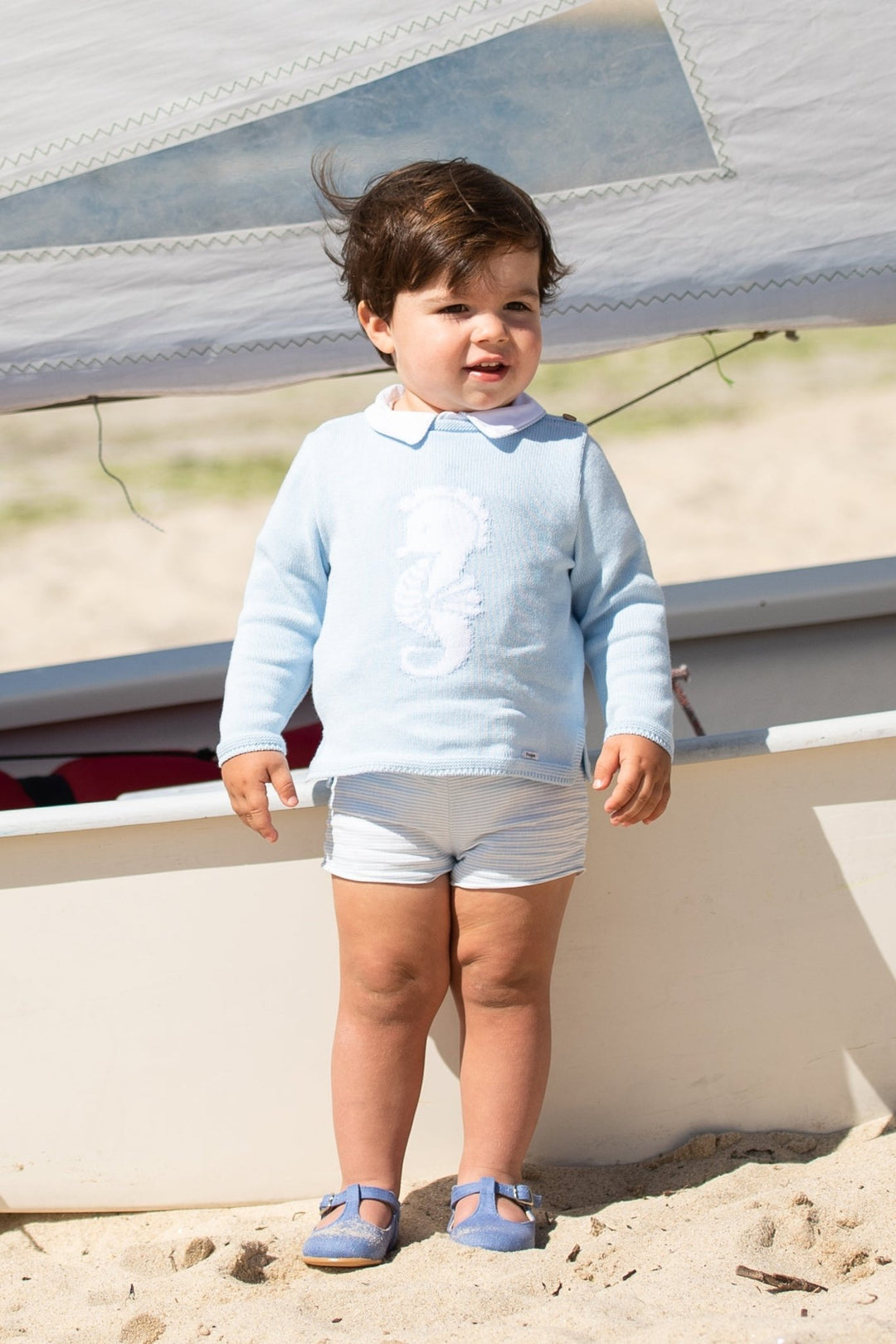 Foque "Beau" Blue Knit Seahorse Jumper, Shirt & Shorts - Millie and John