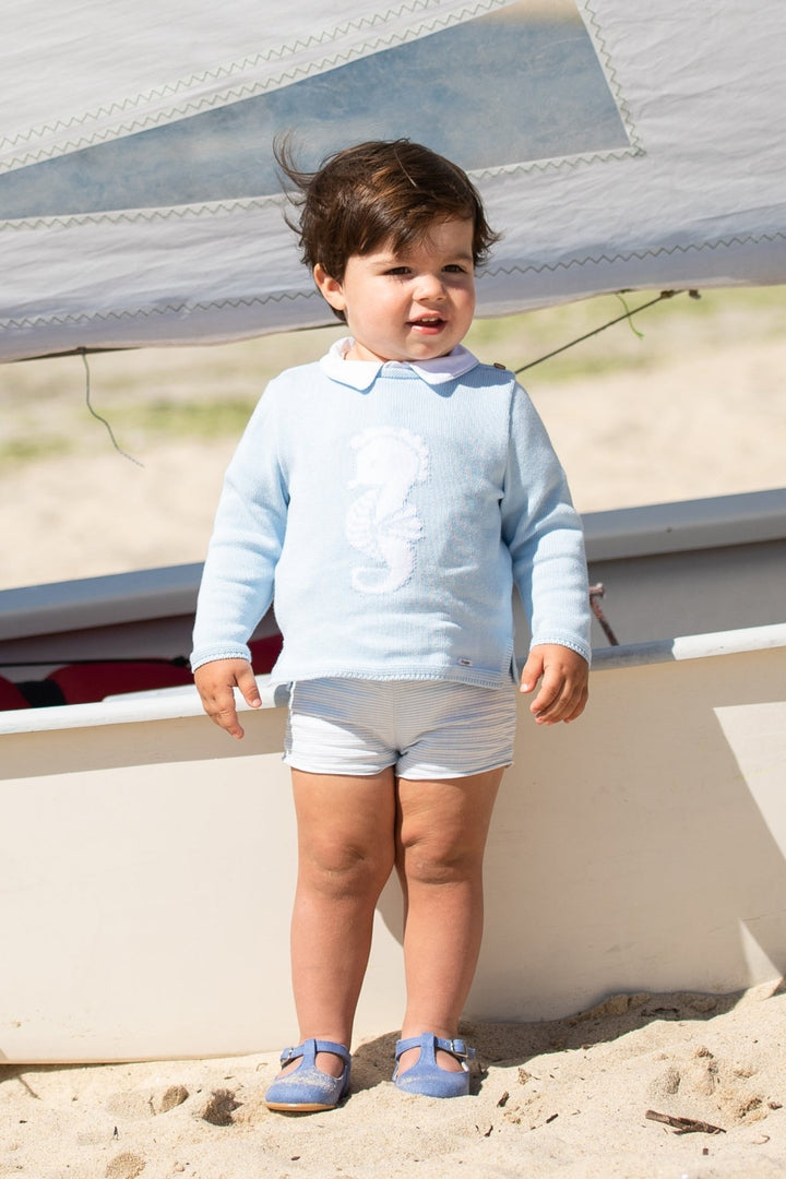 Foque "Beau" Blue Knit Seahorse Jumper, Shirt & Shorts - Millie and John