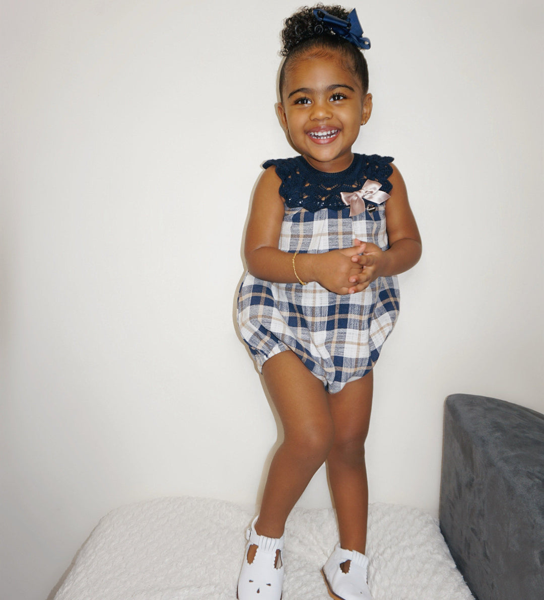 Juliana "Frankie" Navy & Beige Checked Romper | Millie and John