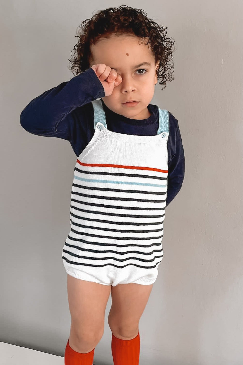 Granlei "Archer" Navy & Red Stripe Knit Dungaree Romper - Millie and John