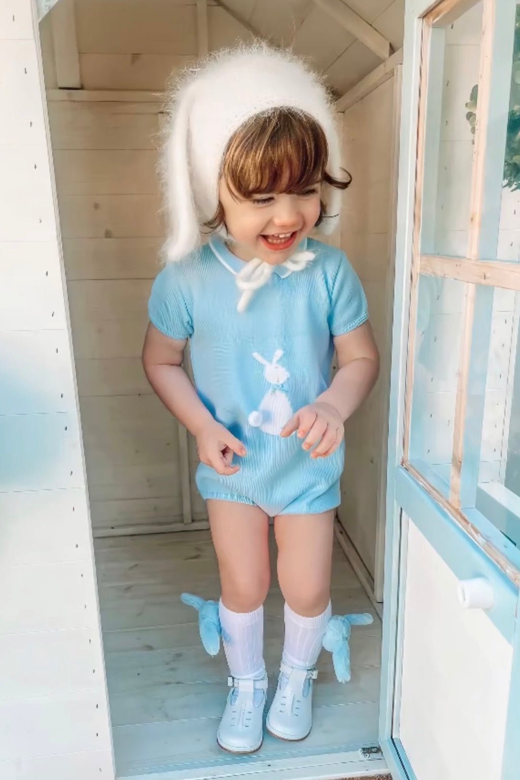 Granlei "Santi" Blue Knit Bunny Romper - Millie and John