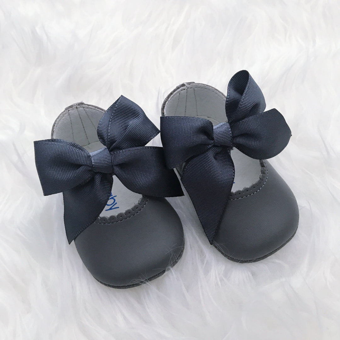 Top Baby Grey Leather Bow Soft Sole Shoes | Millie and John