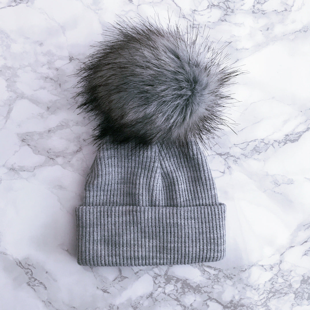 Millie and John Grey Ribbed Faux Fur Pom Pom Hat | Millie and John