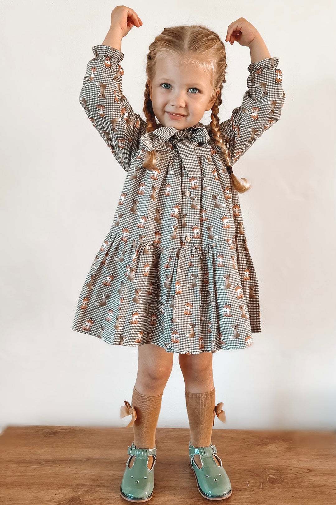 Valentina Bebes "Harriet" Khaki Gingham Fox Print Dress & Bloomers | Millie and John