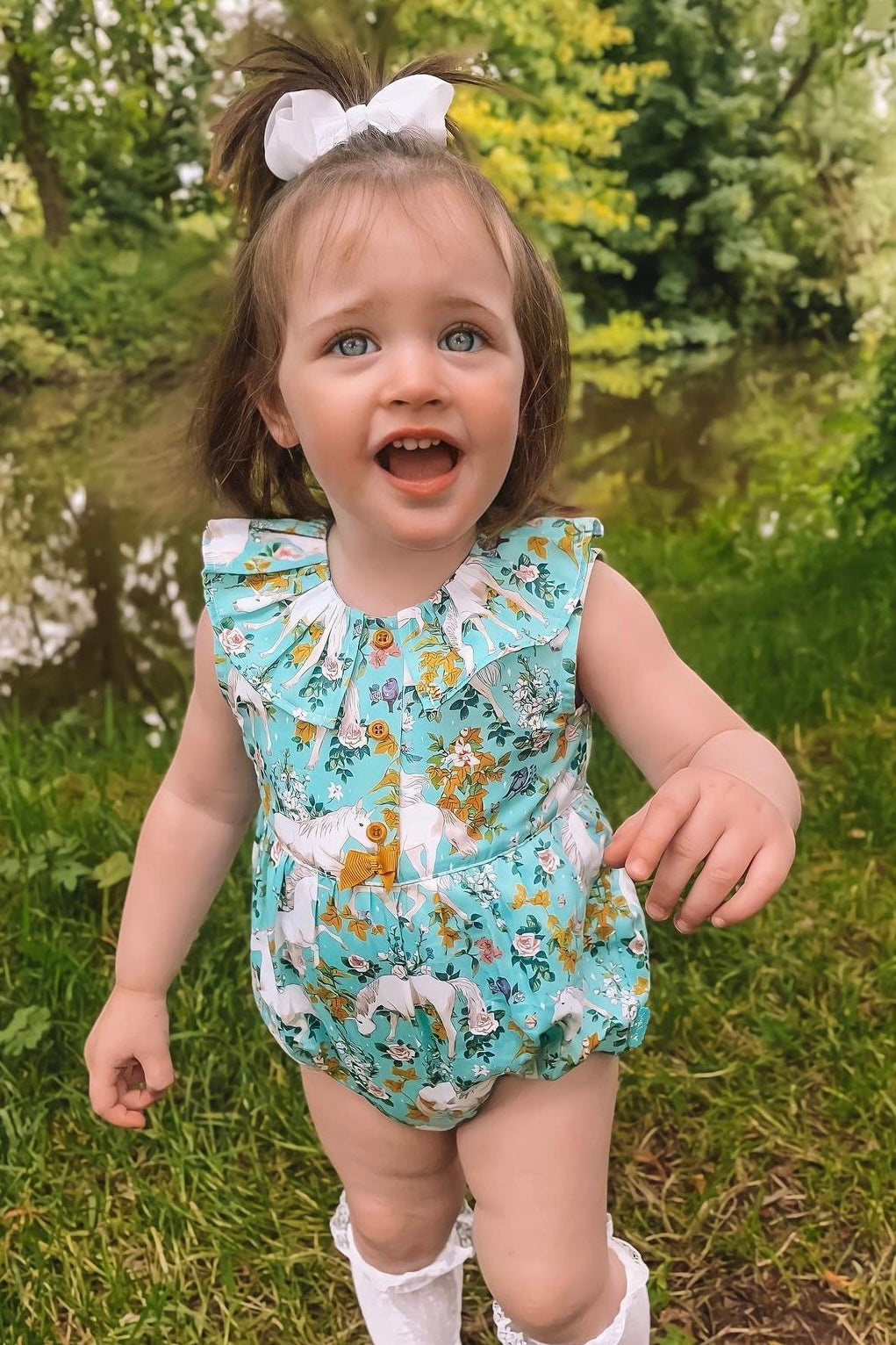 Tutto Piccolo "Elspeth" Turquoise Unicorn Print Romper | Millie and John