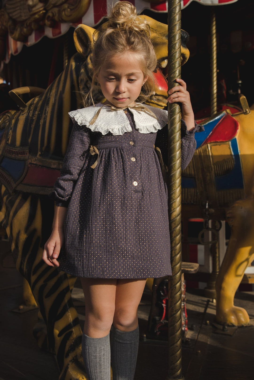 José Varón "Aisha" Charcoal & Gold Polka Dot Dress - Millie and John