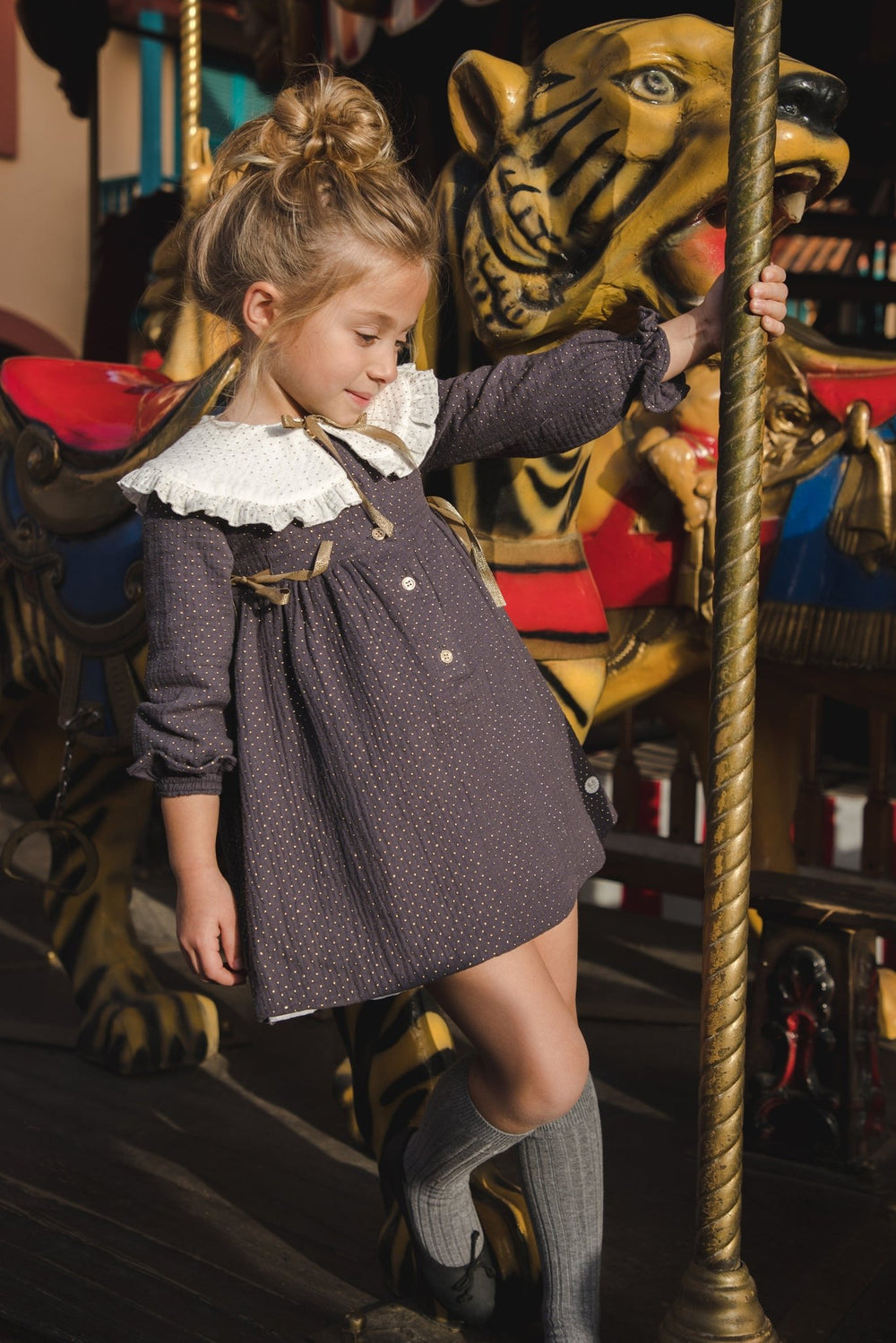 José Varón "Aisha" Charcoal & Gold Polka Dot Dress - Millie and John