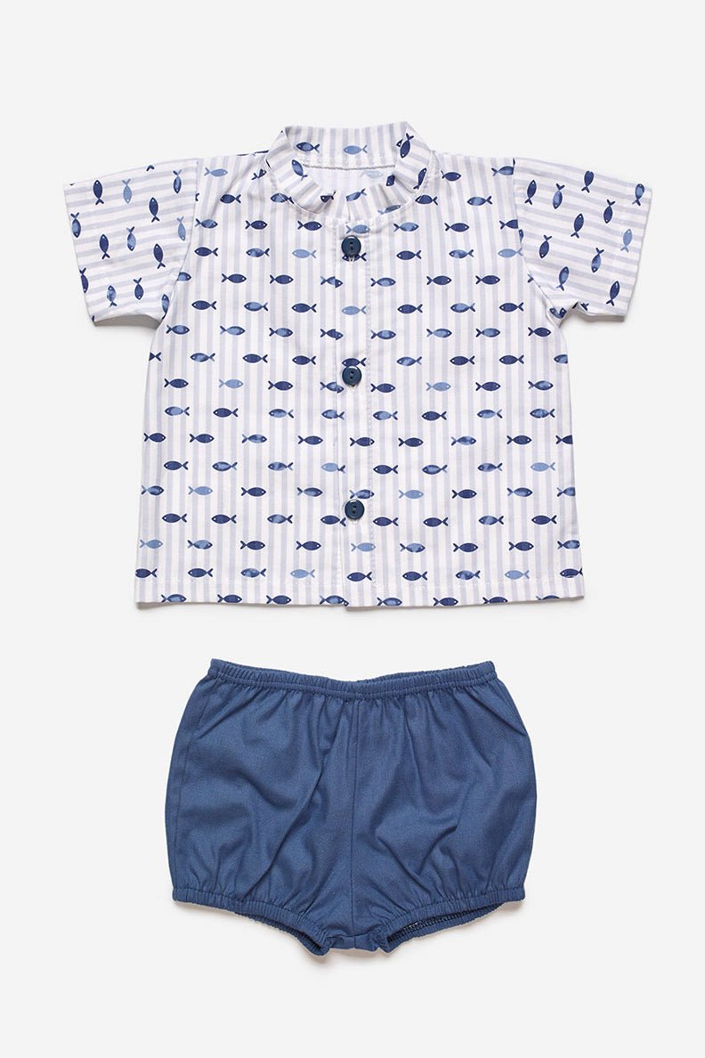Juliana "Austin" Midnight Blue Fish Print Shirt & Shorts - Millie and John
