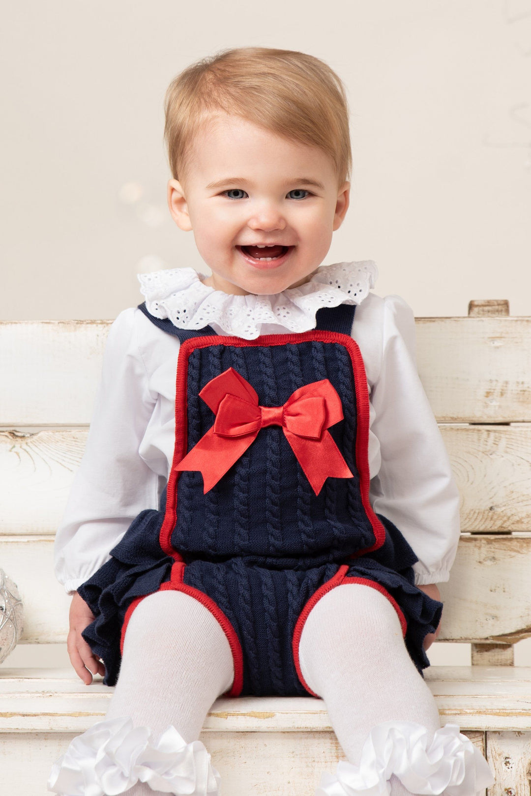 Caramelo Kids "Kaia" Navy & Red Cable Knit Romper Set | Millie and John