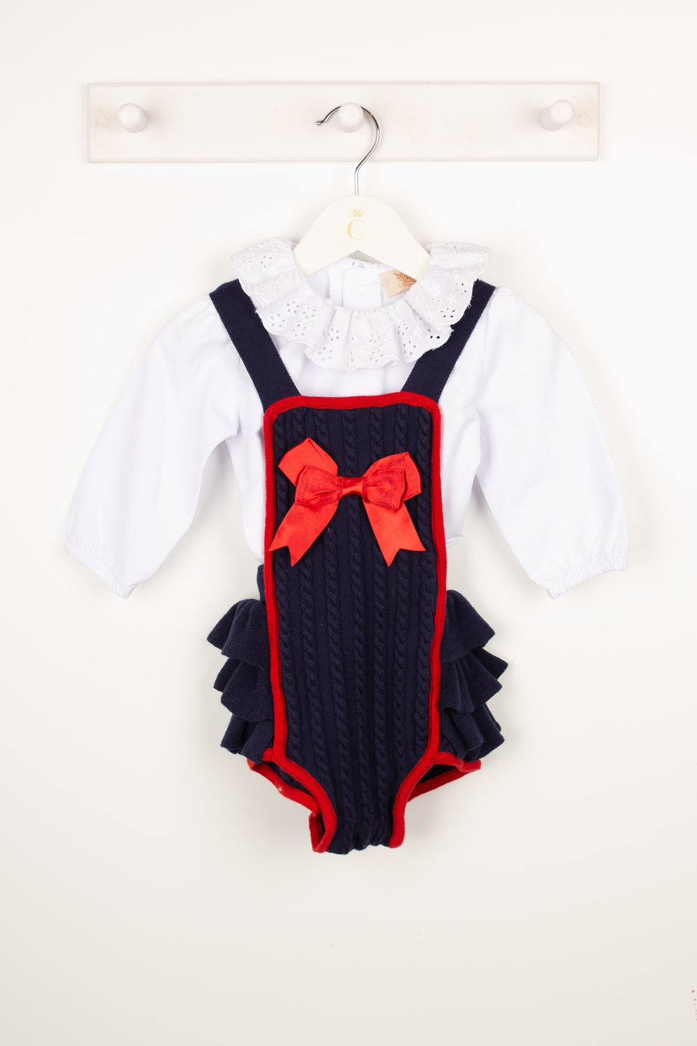 Caramelo Kids "Kaia" Navy & Red Cable Knit Romper Set | Millie and John