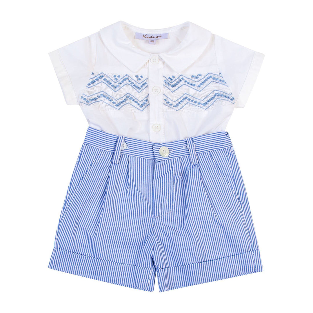 Kidiwi "Armand" Smocked Shirt with Blue Striped Shorts - Millie and John