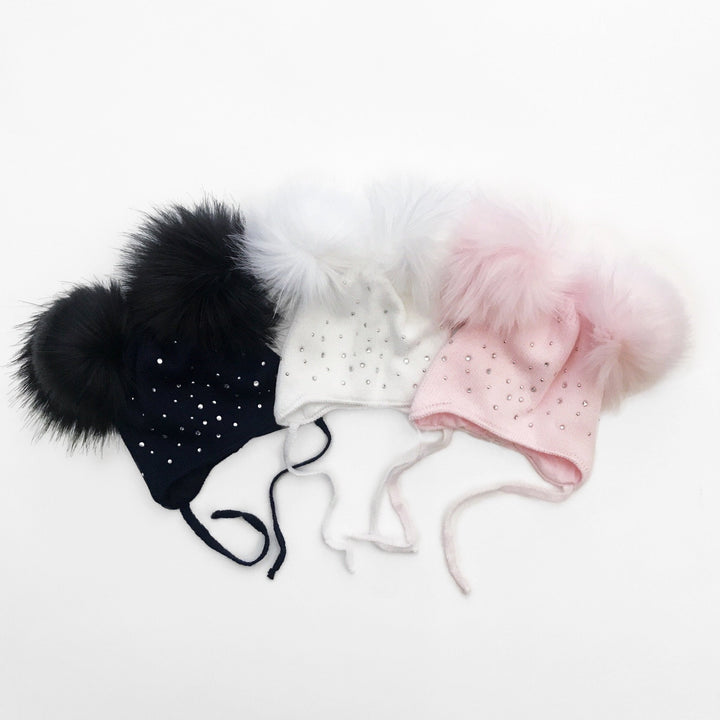 Kinder Diamanté Faux Fur Double Pom Pom Hat - Millie and John