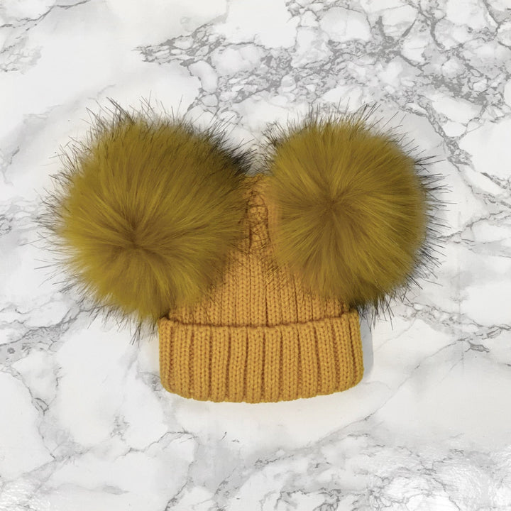 Kinder Knitted Double Faux Fur Pom Pom Hat - Millie and John