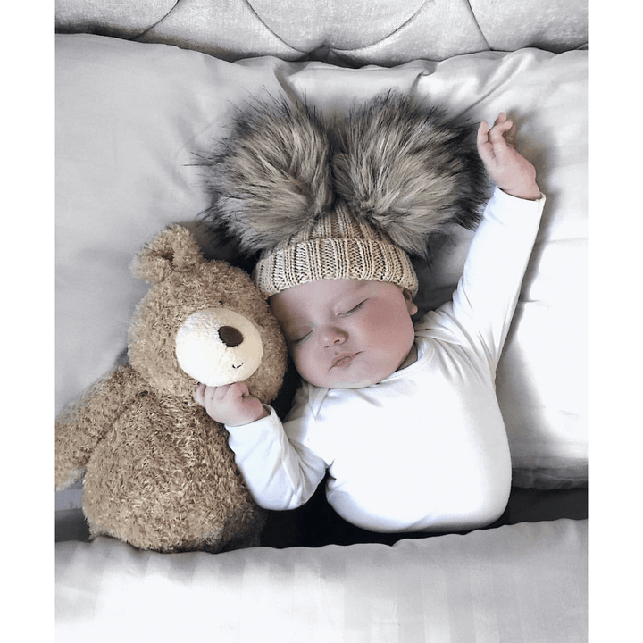 Kinder Knitted Double Faux Fur Pom Pom Hat - Millie and John