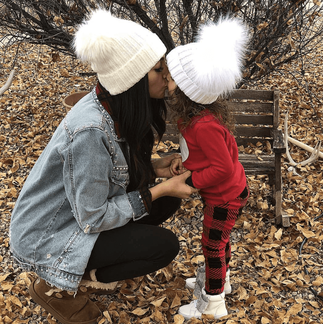 Kinder Knitted Double Faux Fur Pom Pom Hat - Millie and John