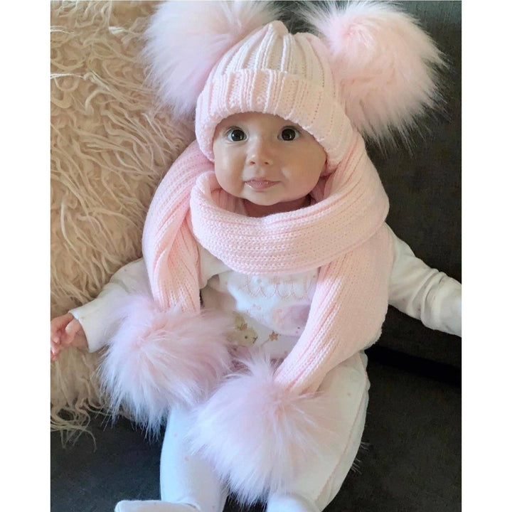 Kinder Knitted Double Faux Fur Pom Pom Hat - Millie and John