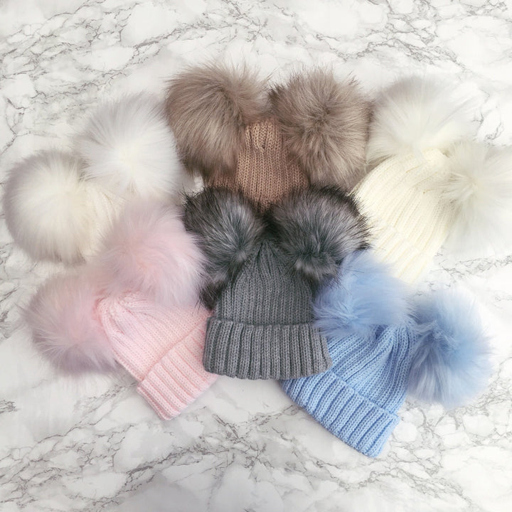Kinder Knitted Double Faux Fur Pom Pom Hat - Millie and John