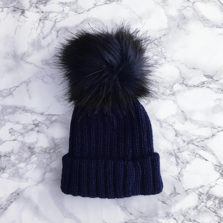 Kinder Knitted Faux Fur Pom Pom Hat - Millie and John