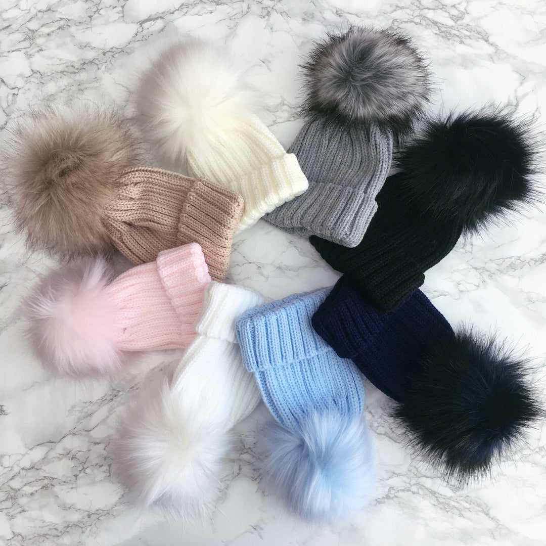 Kinder Knitted Faux Fur Pom Pom Hat - Millie and John