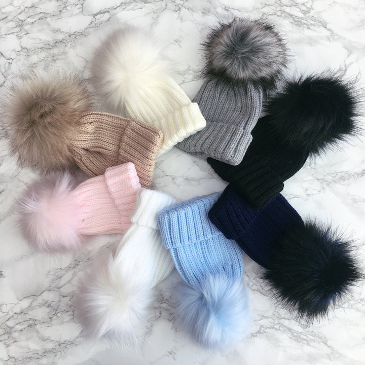 Kinder Knitted Faux Fur Pom Pom Hat - Millie and John