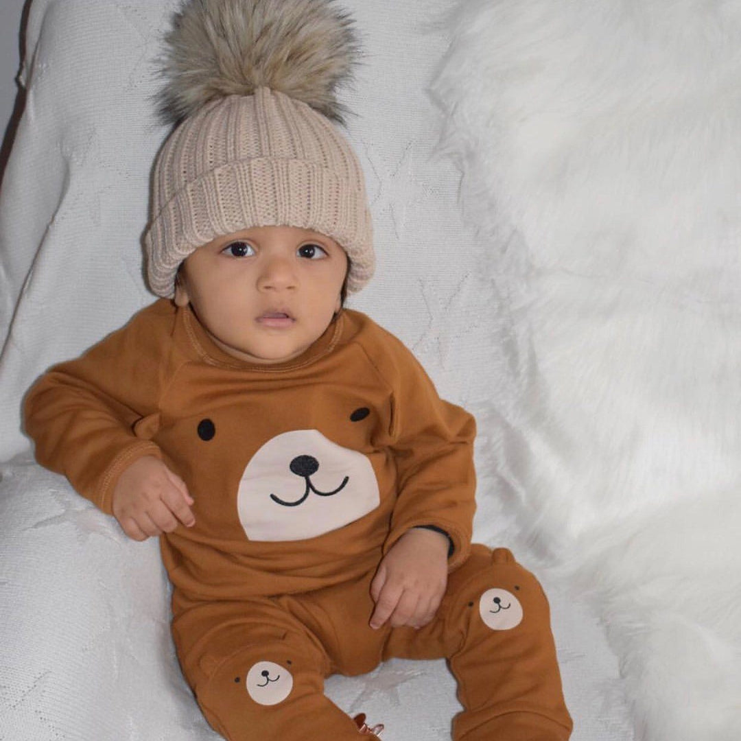 Kinder Knitted Faux Fur Pom Pom Hat - Millie and John