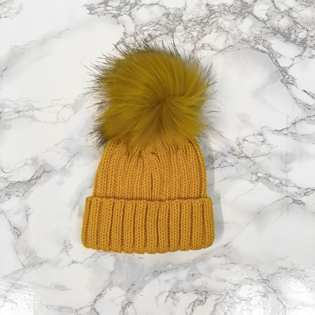 Kinder Knitted Faux Fur Pom Pom Hat - Millie and John