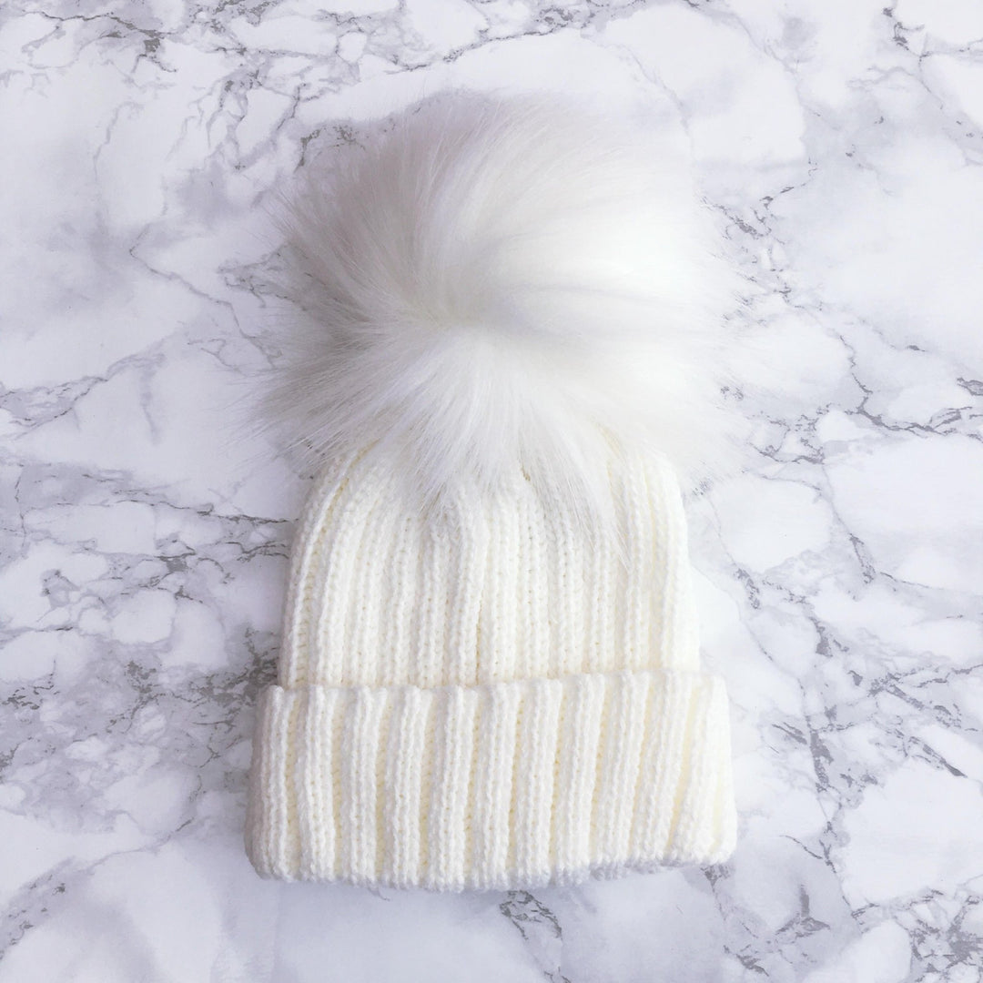 Kinder Knitted Faux Fur Pom Pom Hat - Millie and John