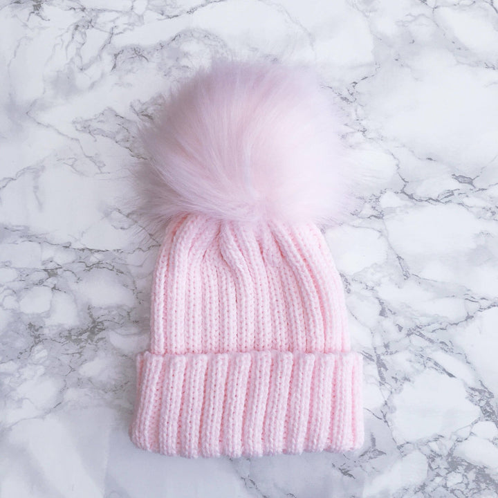 Kinder Knitted Faux Fur Pom Pom Hat - Millie and John