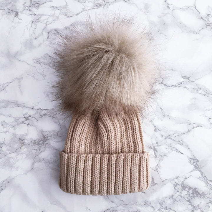 Kinder Knitted Faux Fur Pom Pom Hat - Millie and John