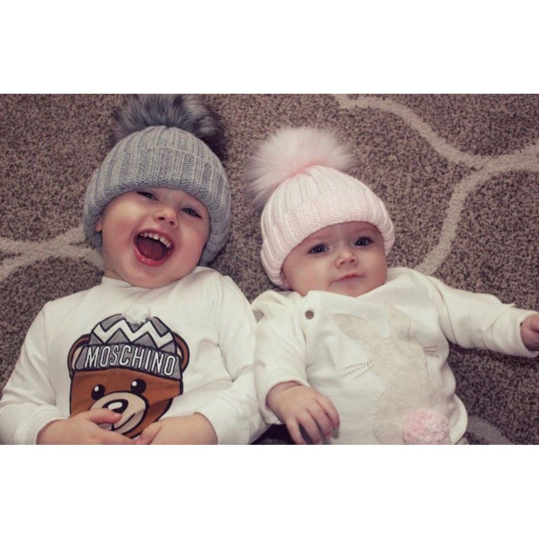 Kinder Knitted Faux Fur Pom Pom Hat - Millie and John