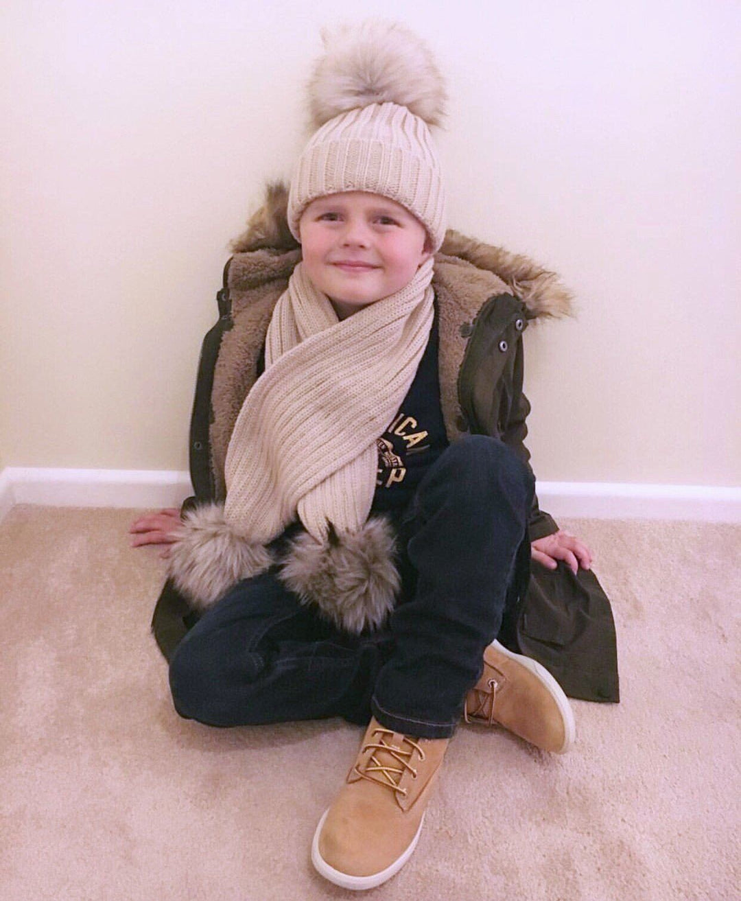 Kinder Knitted Faux Fur Pom Pom Scarf - Millie and John